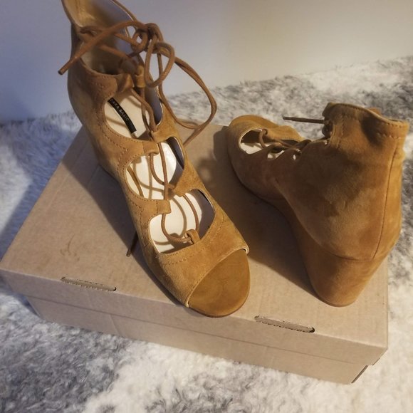 Zara- Lace up Suede Light Brown Wedges - Picture 3 of 5